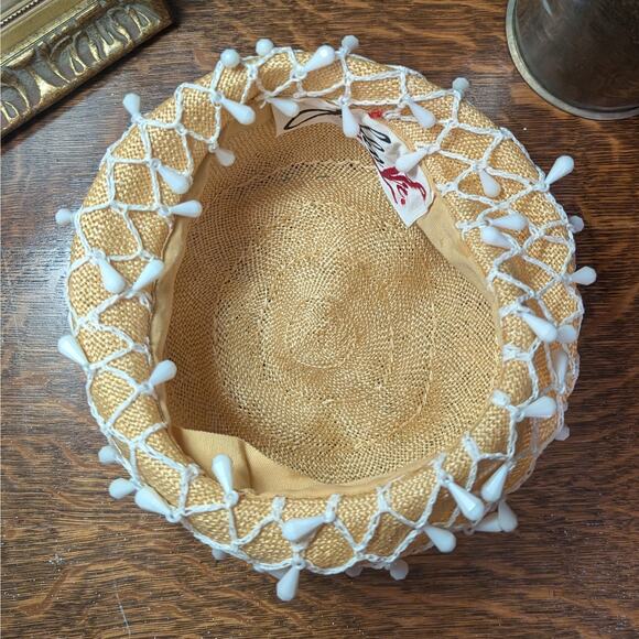 Vintage 1960s MCM Beaded Light Beige Woven Straw Puffy Bubble Hat, Mr. John Jr. - Picture 6 of 8